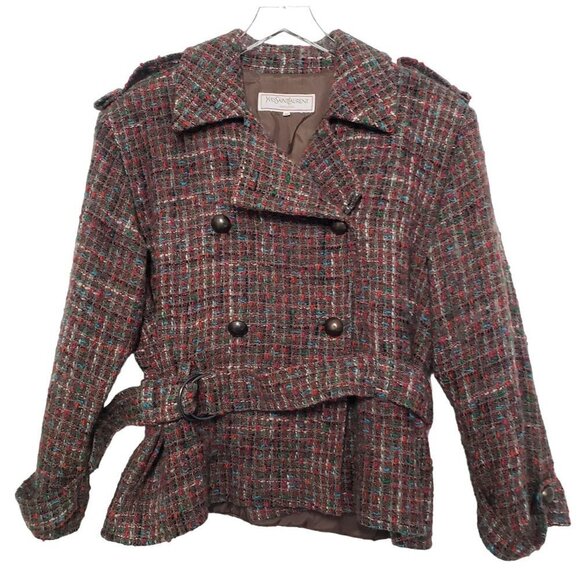 Vintage Yves Saint Laurent 44 Tweed Jacket Belted Double Breasted Womens Sz 8 - Picture 1 of 14